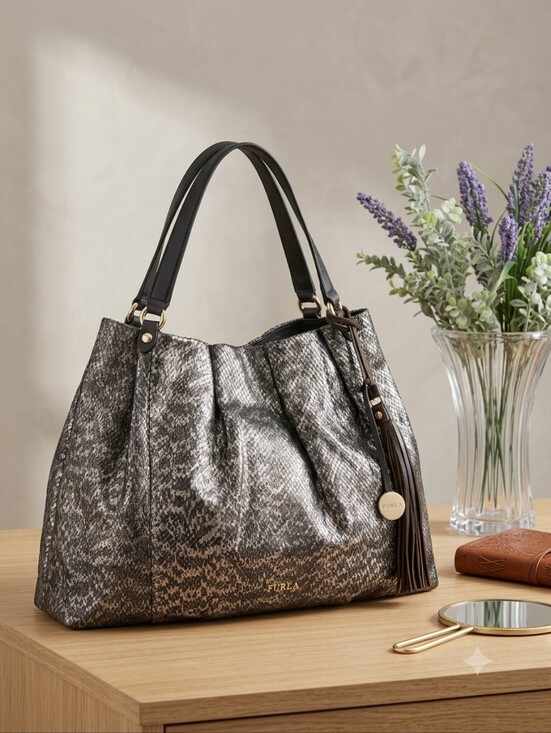 Furla Handbags - Vintage Furla Metallic Python Embossed Leather Large Hobo Shoulder Bag